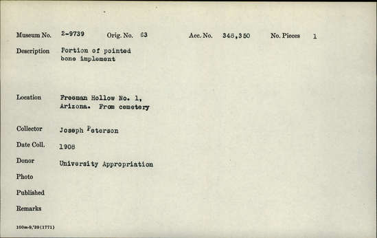 Documentation associated with Hearst Museum object titled Awl, accession number 2-9739, described as Piece of awl.