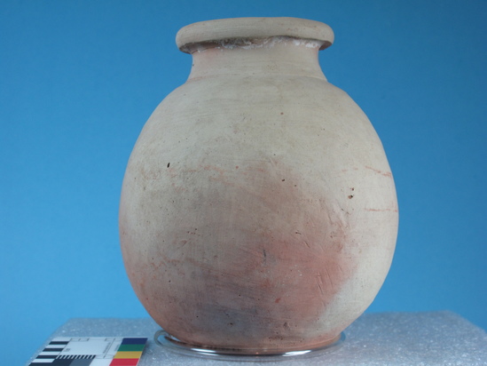 Hearst Museum object 57 of 85 titled Broken jar, accession number 6-5740, described as Pottery: smooth pinkish globose jar, rim broken