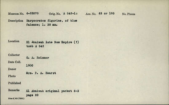 Documentation associated with Hearst Museum object titled Harpocrates figurine, accession number 6-22070, described as Harpocrates figurine, of blue faience. Length 38 mm.