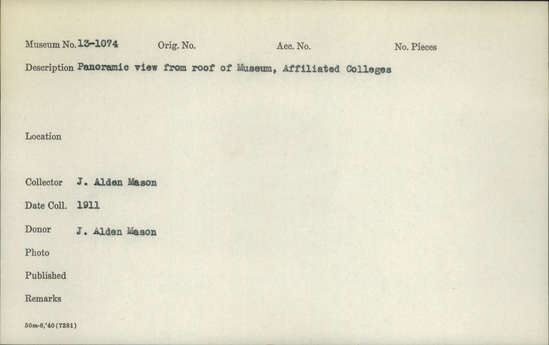 Documentation associated with Hearst Museum object titled Photograph, accession number 13-1074, described as Panoramic view from roof of Museum, Affiliated Colleges