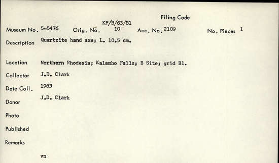 Documentation associated with Hearst Museum object titled Handaxe, accession number 5-5476, described as Quartzite hand axe; L. 10.5 cm