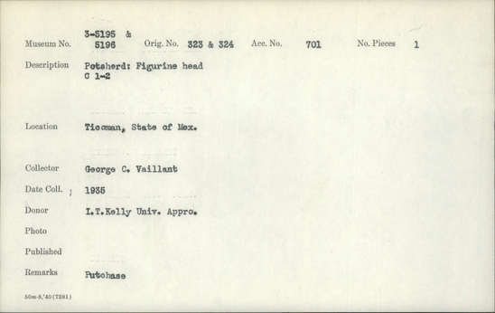 Documentation associated with Hearst Museum object titled Potsherd, accession number 3-5195, described as Potsherd: Figurine head C 1-2