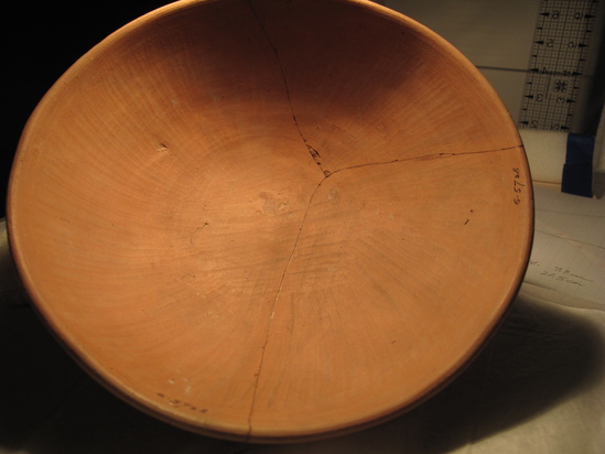 Hearst Museum object 48 of 66 titled Broken bowl, accession number 6-5728, described as Pottery: smooth pinkish bowl, broken burnished lines inside and out.  Diameter 20cm, height 6cm.