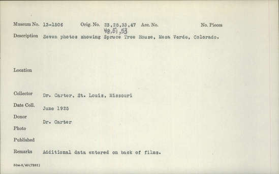 Documentation associated with Hearst Museum object titled Photograph, accession number 13-1506, described as Seven photos showing Spruce Tree House, Mesa Verde, Colorado