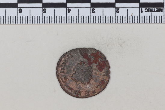 Hearst Museum object 3 of 8 titled Coin: billon antoninianus, accession number 8-5666, described as Coin. Roman. Antoninianus, silver (     gms., 22 mm.) Gallienus, Siscia 266?-268 AD.. Obverse: GALLIENVS  AVG   Bust facing right radiate. Reverse: IO.  CANTAB  Jupiter in military dress standing facing left holding thunderbolt and scepter.