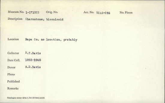 Documentation associated with Hearst Museum object titled Charmstone, accession number 1-171322, described as charmstone, necked