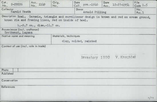 Documentation associated with Hearst Museum object titled Bowl, accession number 2-29226, described as Ceramic. Triangle and curvilinear design in brown and red on cream ground. Brown rim and framing lines, red on inside of bowl. Molded and painted.