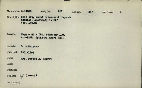 Documentation associated with Hearst Museum object titled Self bow, accession number 6-14085, described as Self bow, round cross-section, ends pointed, smoothed; length 59 inches (cf. 6-14098).