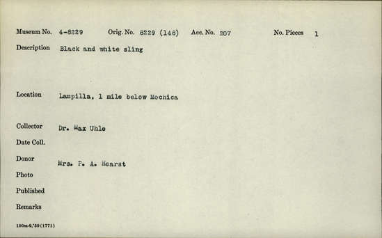 Documentation associated with Hearst Museum object titled Sling, accession number 4-8229, no description available.