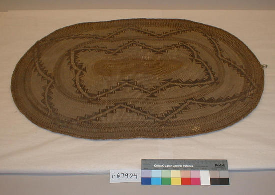 Hearst Museum object titled Tray, accession number 1-67904, described as Basketry plaque, twined, oval shape.