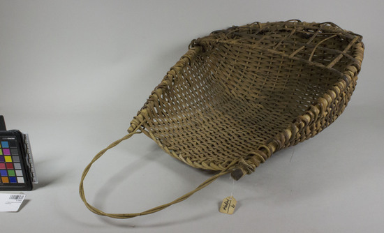 Hearst Museum object titled Winnower, accession number 9-14894, described as Harvesting scoop/ winnower/carrying basket. Rattan in wickerweave; U-shaped handle at one end; loosely woven rattan over lower third. Length including handle: 75cm. length not including handle: 55cm. Context: According to Christina Kessler (personal observations in rural Canton province of the PRC in 1975 and 1977): "Chinese harvesting scoop. Rattan. Usually smaller, constructed with bamboo. Multipurpose carrying and winnowing basket. Often two are slung from a carrying pole to transport soil from work sites. The handle and enclosing loose weave work are later additions or improvisations on the basic design.