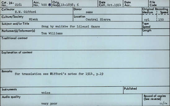 Documentation associated with Hearst Museum object titled Audio recording, accession number 24-2161, described as Song by Milikbe for Lileusi Dance