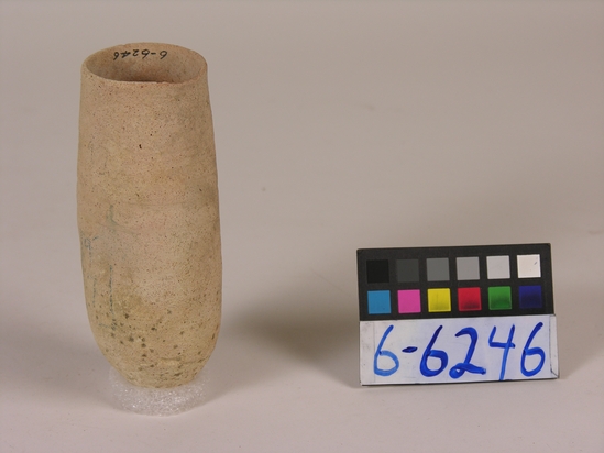 Hearst Museum object titled Beer cup, accession number 6-6246, described as Buff pottery cup with a deep, pointed bottom; least diameter 5cm, greatest diameter 6cm, height 14cm