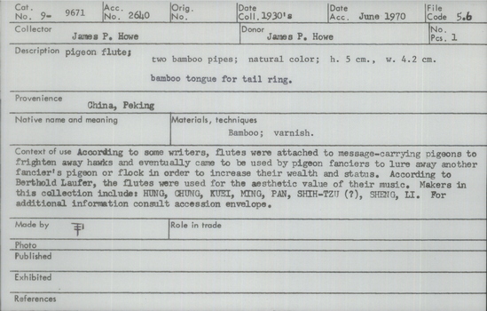 Documentation associated with Hearst Museum object titled Pigeon flute, accession number 9-9671, described as pigeon flute; 2 bamboo pipes;natural color; ht. 5 cm, w. 4.2 cm, bamboo tongue for tail ring