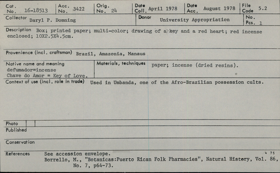 Documentation associated with Hearst Museum object titled Incense, accession number 16-18513, described as Box of incense (Chave do Amor: Key of Love); printed paper; multicolor; drawing of a key and a red heart; red incense enclosed; 10 cm by 2.5 cm by 4.5 cm.