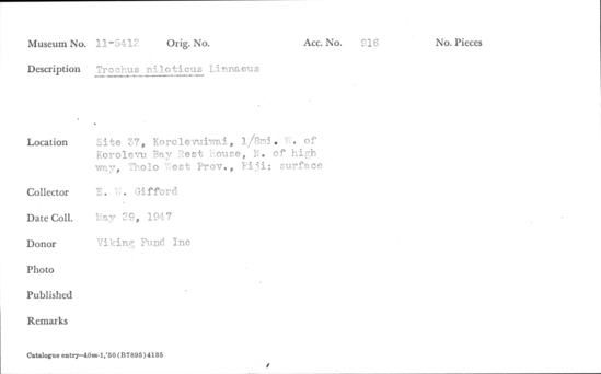 Documentation associated with Hearst Museum object titled Shell: univalve, accession number 11-5412, described as univalve