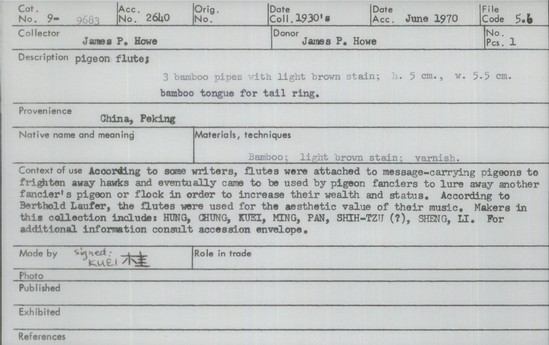 Documentation associated with Hearst Museum object titled Pigeon flute, accession number 9-9683, described as pigeon flute; 3 bamboo pipes w/light brown stain; ht. 5 cm, w. 5.5  cm, bamboo tongue for tail ring.