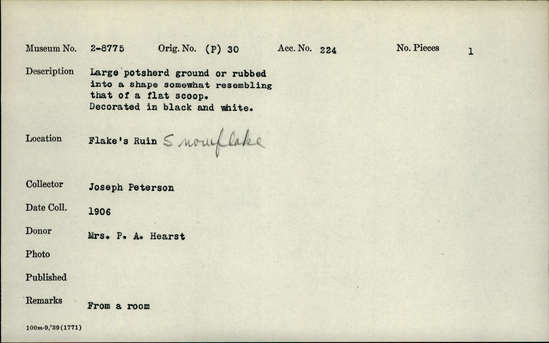 Documentation associated with Hearst Museum object titled Scoop, accession number 2-8775, described as Large potsherd ground or rubbed into a shape somewhat resembling that of a flat scoop. Decorated in black and white.