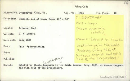 Documentation associated with Hearst Museum object titled Loom, accession number 2-33079a-p, described as Complete set of a loom.