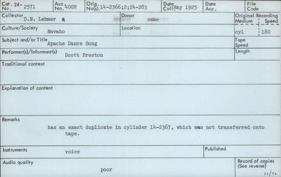 Documentation associated with Hearst Museum object titled Audio recording, accession number 24-2571, described as Apache Dance Song