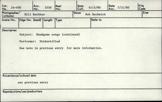 Documentation associated with Hearst Museum object titled Audio track, accession number 24-400.B, described as Hand game songs continued. See note in previous entry for more information.