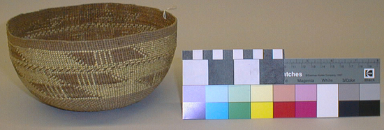 Hearst Museum object titled Basket, accession number 1-214029, described as Used. Plain twined. White overlay floated on back. 3 strand twining divides design.  Design includes repeating parallelograms with four white stripes across each.