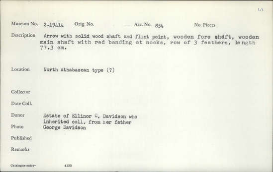 Documentation associated with Hearst Museum object titled Arrow, accession number 2-19414, described as Arrow with solid wood shaft and flint point, wooden foreshaft, wooden main shaft with red banding at nocks, row of 3 feathers.