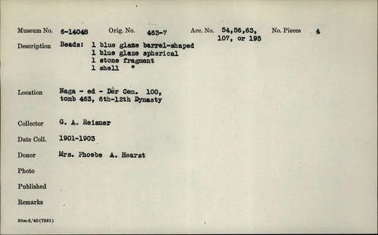 Documentation associated with Hearst Museum object titled Beads, accession number 6-14048, described as Beads: 1 blue glaze barrel-shaped, 1 blue glaze spherical, 1 stone fragment, 1 shell fragment. [inv.: 2 faience, 1 shell, original piece count: 4?]