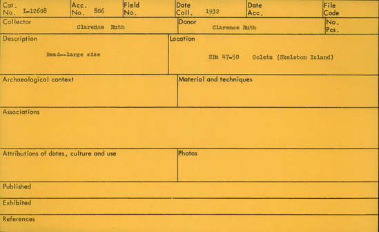 Documentation associated with Hearst Museum object titled Bead, accession number L-12608, described as Bead- large size