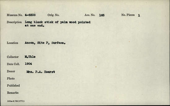 Documentation associated with Hearst Museum object titled Tool?, accession number 4-6233, described as Long black stick of palm wood pointed at one end