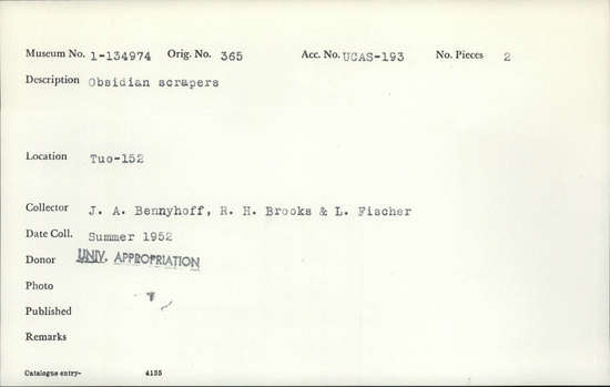 Documentation associated with Hearst Museum object titled Scrapers, accession number 1-134974, described as Obsidian scrapers