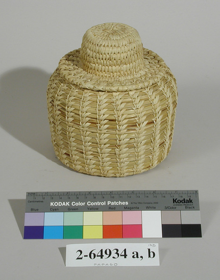 Hearst Museum object 1 of 2 titled Basket with lid, accession number 2-64934a,b, described as Squat jar shape with flat bottom, hat shaped lid.  Split stitch made of beargrass, sewn with yucca.  (a) Basket.  (b) Lid.