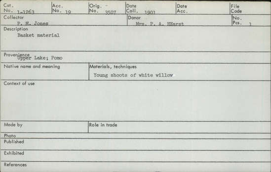 Documentation associated with Hearst Museum object titled Willow bundle, accession number 1-1263, described as Young shoots of white willow. One bundle.  Basket material