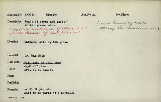 Documentation associated with Hearst Museum object titled Beads, accession number 4-3743, no description available.