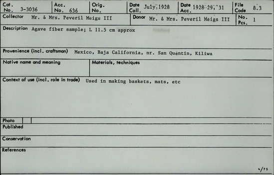 Documentation associated with Hearst Museum object titled Agave fiber, accession number 3-3036, described as Agave fiber sample; Length 11.5 cm approximately