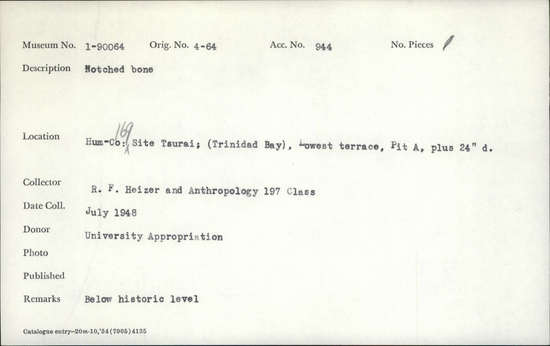 Documentation associated with Hearst Museum object titled Modified bone, accession number 1-90064, described as Notched bone.