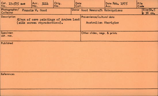 Documentation associated with Hearst Museum object titled Silkscreen, accession number 17-575a-e, described as Album of cave paintings of Arnhemland.