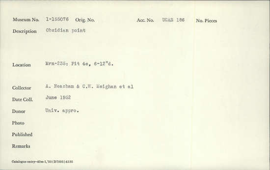 Documentation associated with Hearst Museum object titled Point, accession number 1-155076, described as obsidian point Notice: Image restricted due to its potentially sensitive nature. Contact Museum to request access.