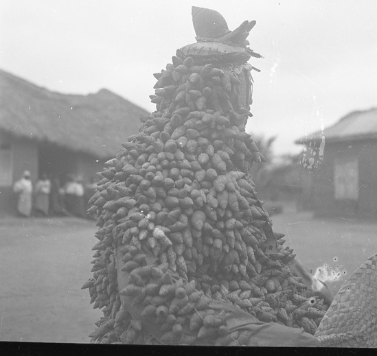 Hearst Museum object titled Black-and-white negative, accession number 15-30953, described as Black and white negative, 2.25" Nigeria, Meko, Egungun masquerade (3), see p. 94, 1951