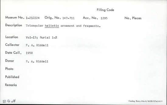 Documentation associated with Hearst Museum object titled Pendant, accession number 1-212224, described as Triangular haliotis.