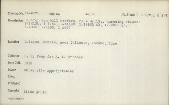 Documentation associated with Hearst Museum object titled Black-and-white negative, accession number 15-6079, described as Californian bull-roarers, fire drills, throwing sticks: 1-9215b, 1-1753, 1-14493, 1-13852 ab, 1-13851 ab, 1-4035, 1-9208, 1-2679