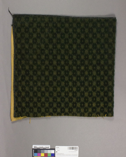 Hearst Museum object 1 of 4 titled Textile sample, accession number 2-62459, described as Strip; cotton, rayon or silk?, pile cut in 2 heights to form design, yellow green, yellow and white foundation, geometric diaper pattern, trade name “Attica Mohair” William D. McCann