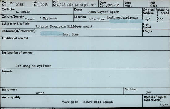 Documentation associated with Hearst Museum object titled Audio recording, accession number 24-2988, described as Vitaric (Mountain Killdeer Song)