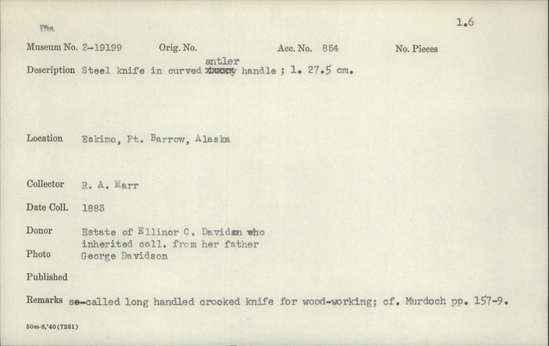 Documentation associated with Hearst Museum object titled Knife, accession number 2-19199, described as Steel knife in curved antler handle.  So-called long handled crooked knife for wood-working.