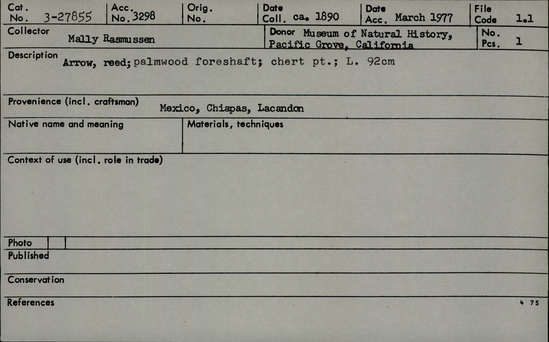 Documentation associated with Hearst Museum object titled Arrow, accession number 3-27855, described as Arrow: reed; palmwood foreshaft; chert point