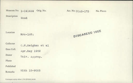 Documentation associated with Hearst Museum object titled Wood, accession number 1-141464, described as wood.