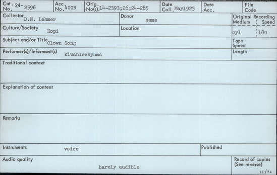 Documentation associated with Hearst Museum object titled Audio recording, accession number 24-2596, described as Clown Song