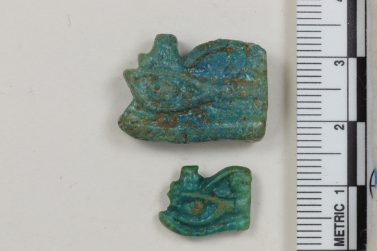 Hearst Museum object 4 of 22 titled Amulets, accession number 6-22037, described as amulets, of blue faience, and one pyramidal seal of steatite