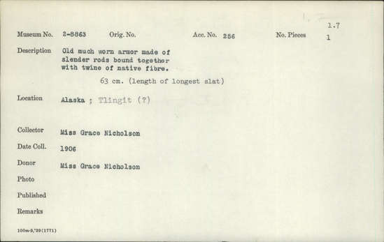 Documentation associated with Hearst Museum object titled Armor, accession number 2-8863, described as Old, much worn, made of slender rods bound together with twine of native fiber.