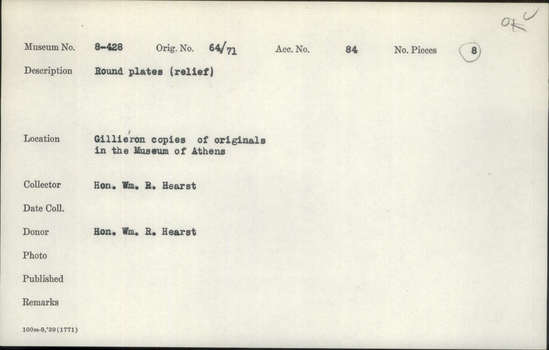 Documentation associated with Hearst Museum object titled Plates (reproduction), accession number 8-428a-h, described as Round plates, relief. Reproduction by Emile Gilliéron.